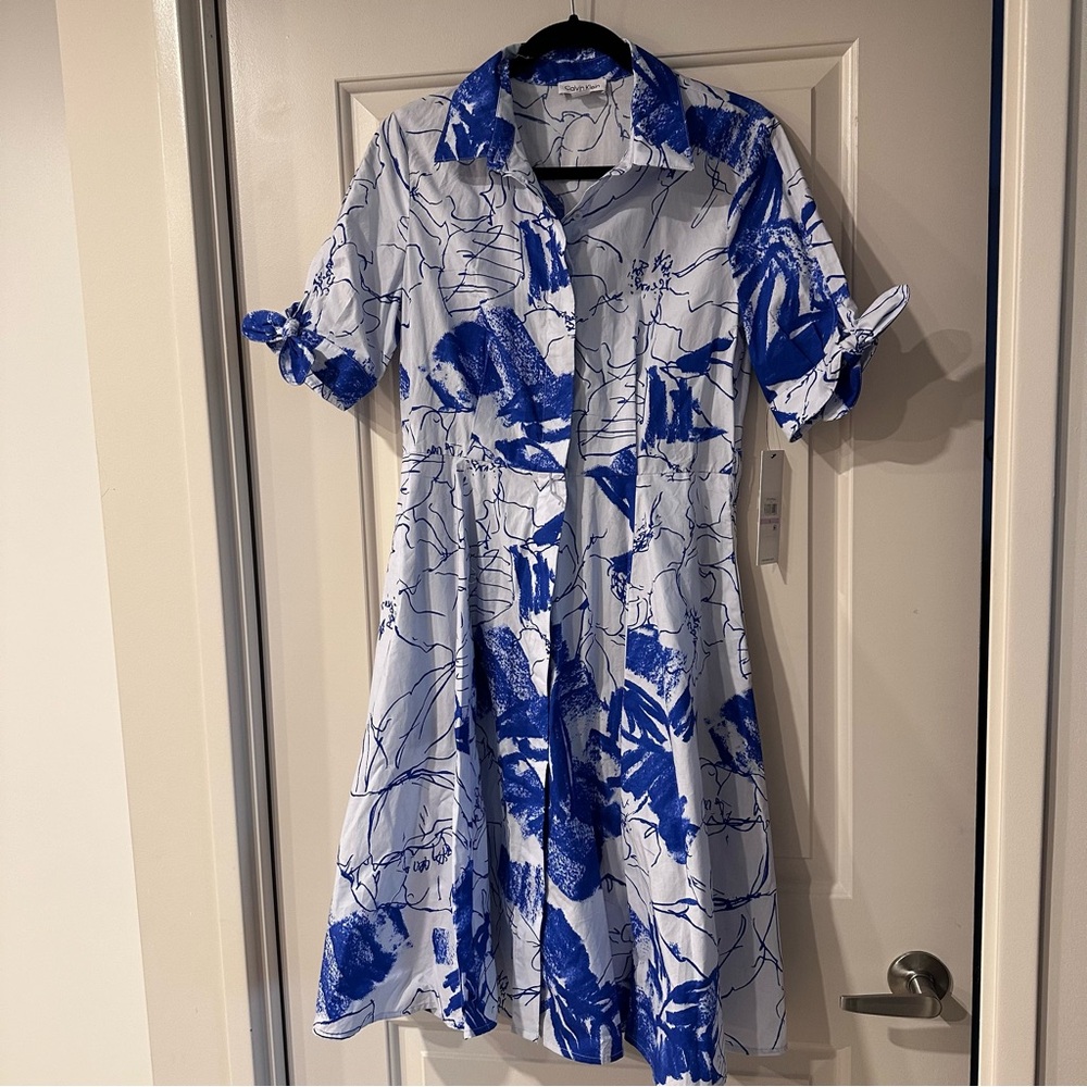 NWT Calvin Klein Floral Print Cotton Midi Shirt Dress